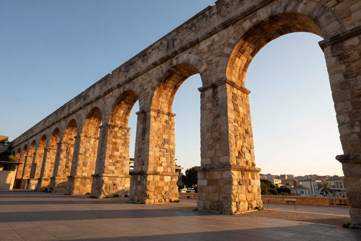 Golden Hour Light on Marseille Aqueduct Arcades and Summer Haze in in Marseille, France