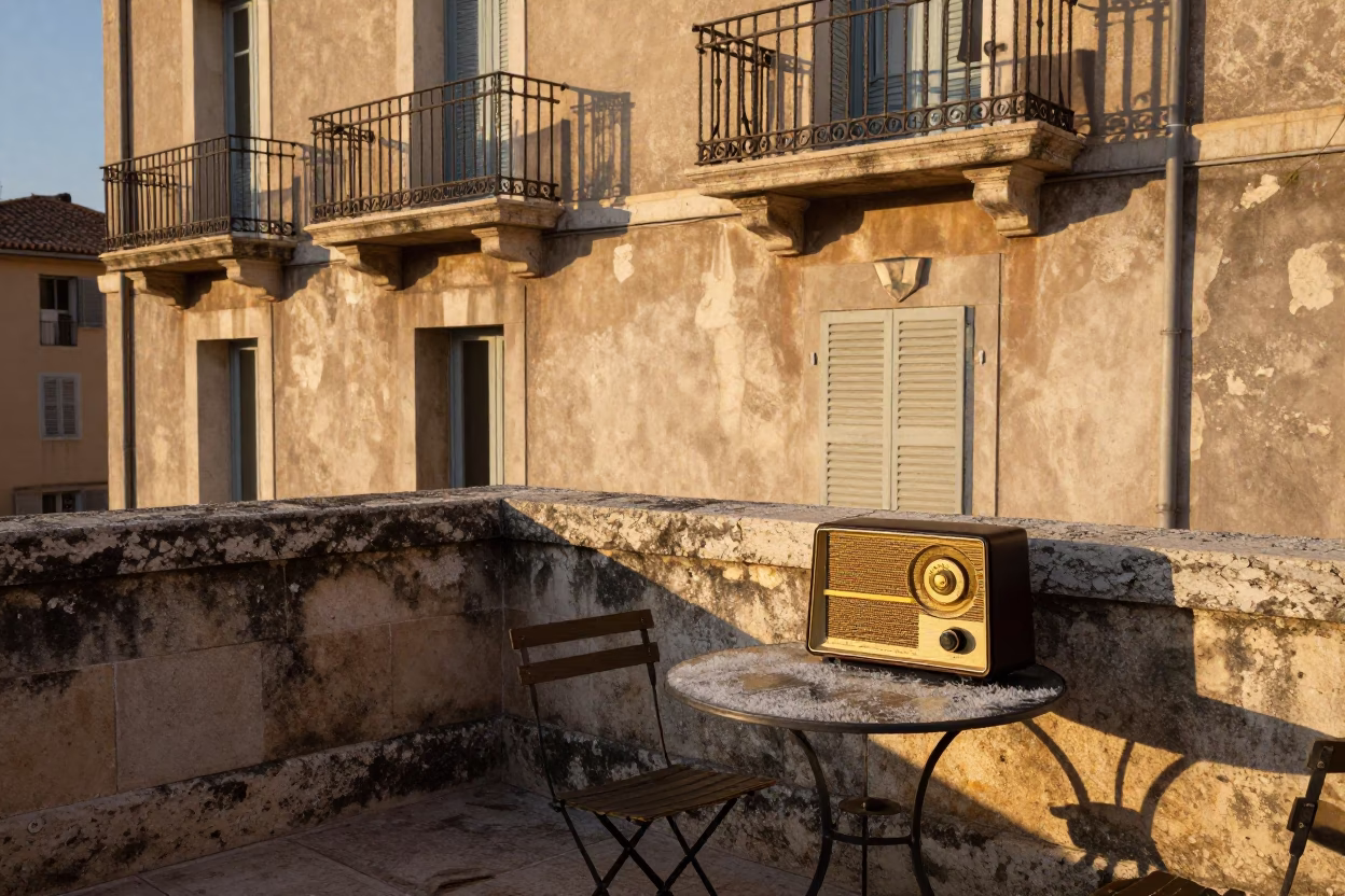 Golden Hour Light on Marseille Terrace with Condensation and Vintage Radio in in Marseille, France