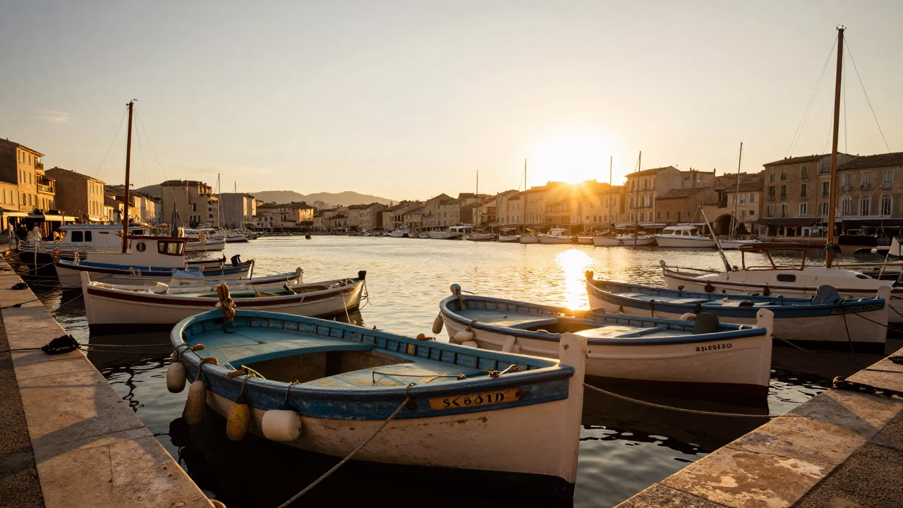 Golden Hour Light on Marseille Vieux Port Fishing Boats and Harbor Breakwater in in Marseille, France