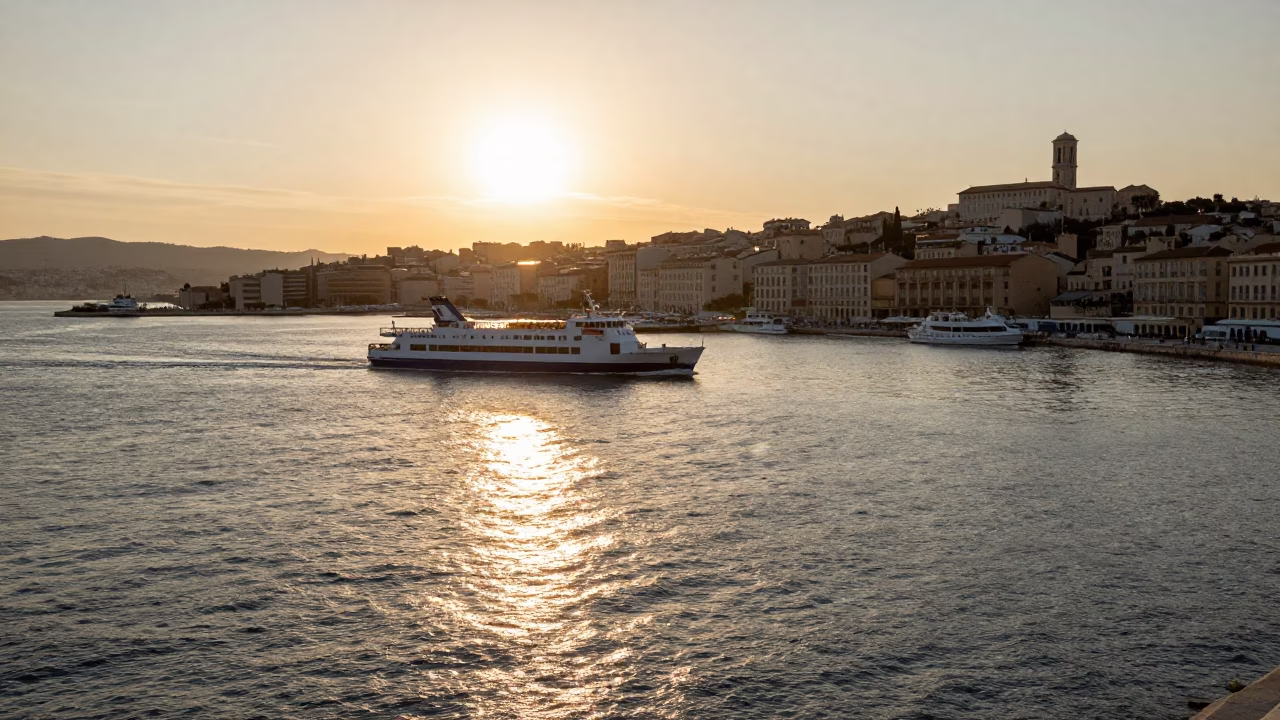 Golden Hour Light on Marseille Vieux Port with Ferry Departure and Mountain Backdrop in in Marseille, France