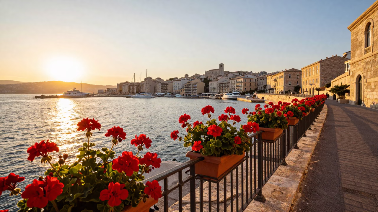 Golden Hour Light on Marseille Vieux Port with Geraniums and Coiled Rope in in Marseille, France