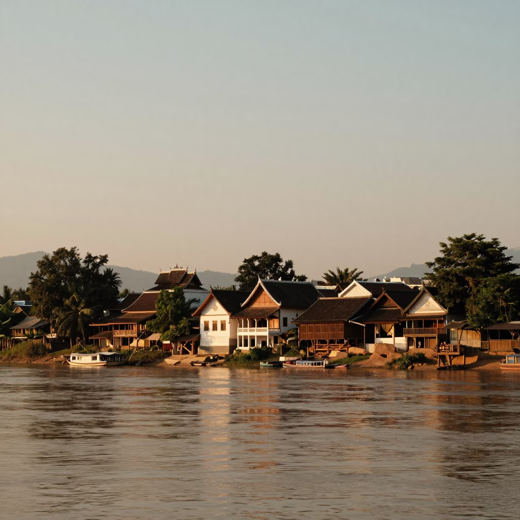 Golden Hour Light on Mekong River and Traditional Lao Architecture in Luang Prabang Laos in in Luang Prabang, Laos