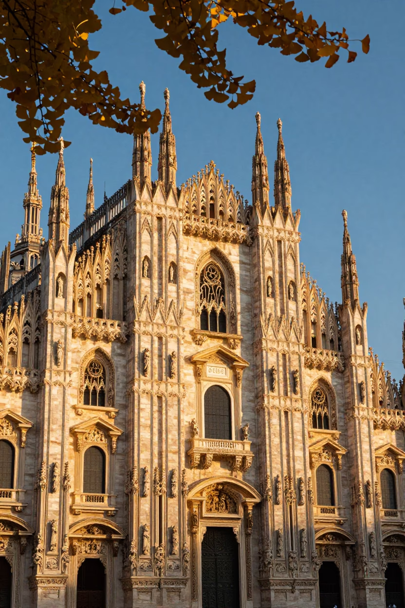 Golden Hour Light on Milan Duomo Facade with Ginkgo Tree Falling Leaves at Sunset in in Milan, Italy
