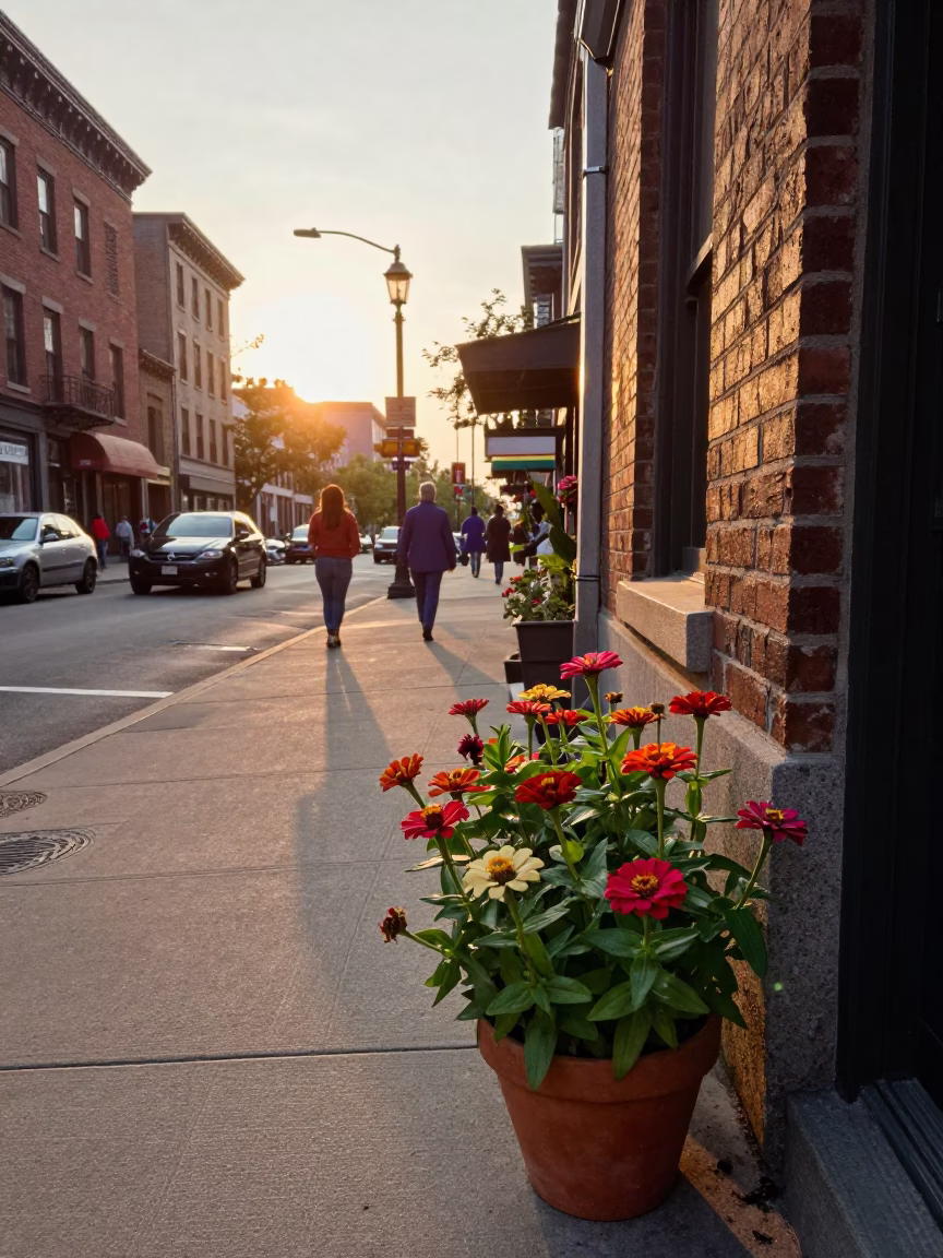 Golden Hour Light on Montreal Street Corner with Potted Zinnias in in Montreal, Quebec, Canada