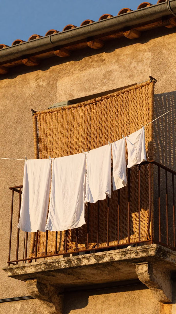 Golden hour light on Nice balcony laundry and woven cane screen in in Nice, France
