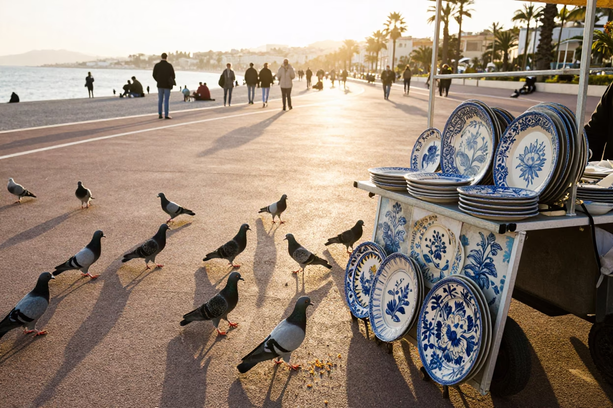 Golden Hour Light on Nice Promenade with Pigeons and Majolica Plates in in Nice, France