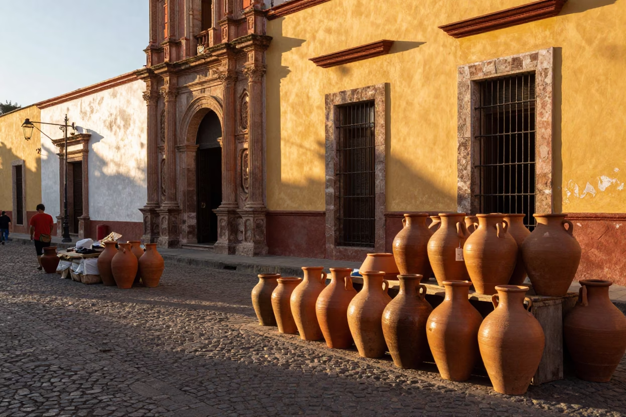 Golden Hour Light on Oaxaca Clay Jars and Street Market Stalls in in Oaxaca, Mexico