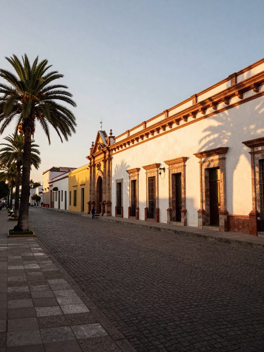 Golden Hour Light on Oaxaca Street with Palm Avenue and Fruit Vendor in in Oaxaca, Mexico