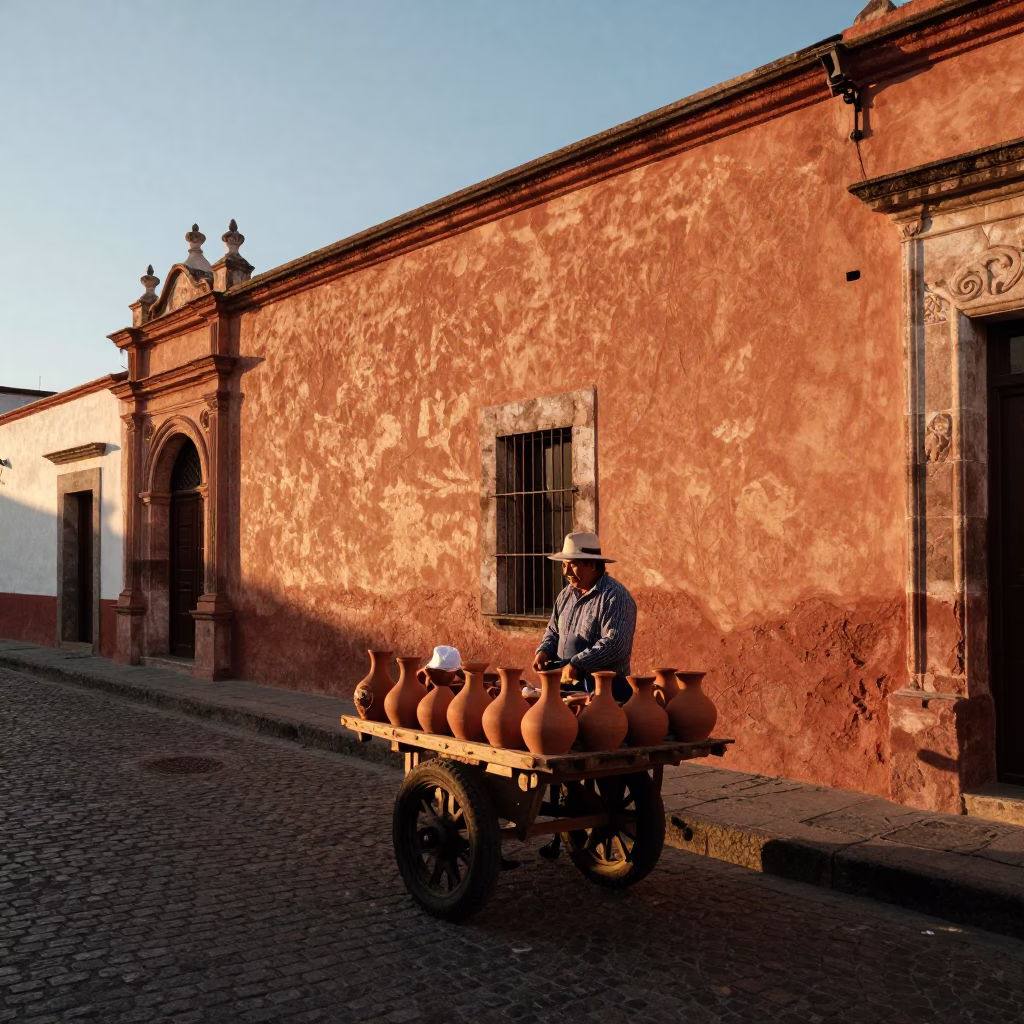 Golden Hour Light on Oaxacan Street Vendor with Clay Pot and Thermos in in Oaxaca, Mexico