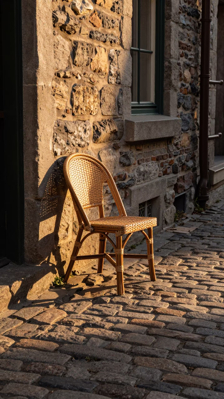 Golden Hour Light on Old Montreal Cobblestones with Vintage Rattan Chair and Salt Shaker in in Montreal, Quebec, Canada