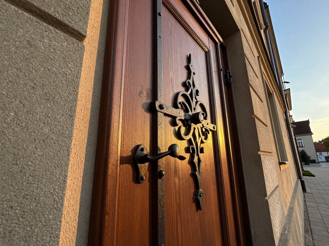 Golden Hour Light on Old Wooden Doorframe and Gate Handle in Historic Krakow Poland in in Krakow, Poland