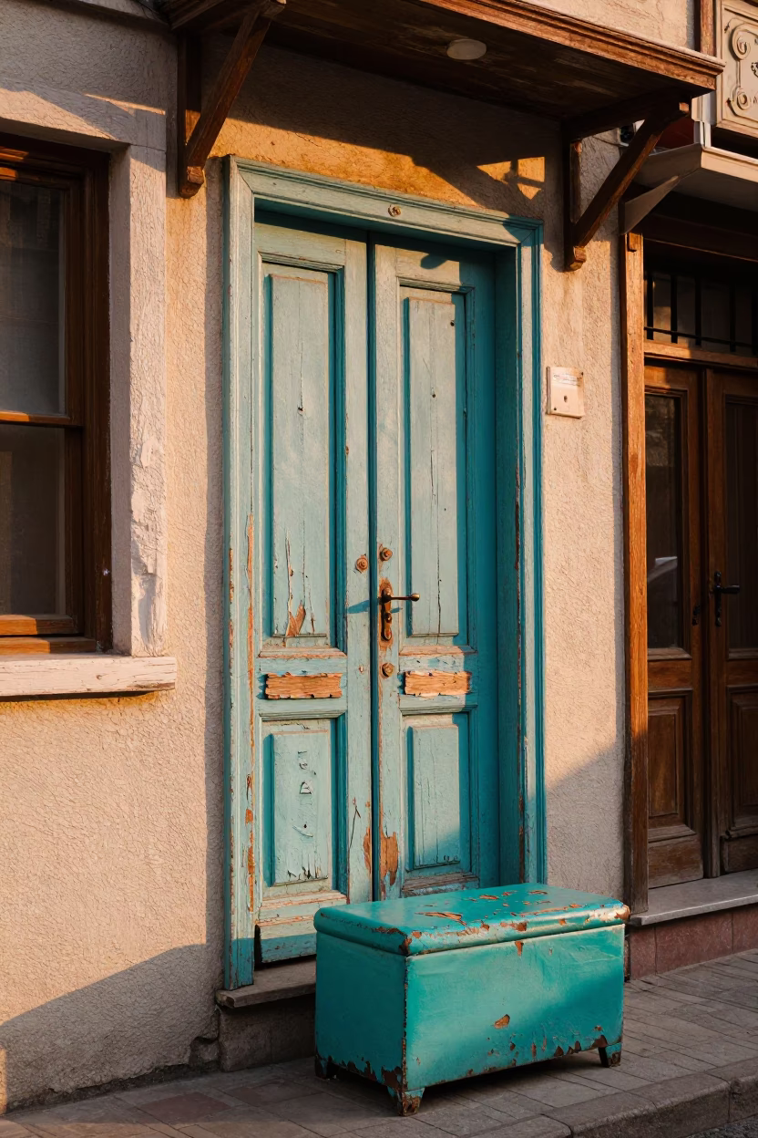 Golden Hour Light on Peeling Turquoise Ottoman Paint in Istanbul Street Scene in in Istanbul, Turkey