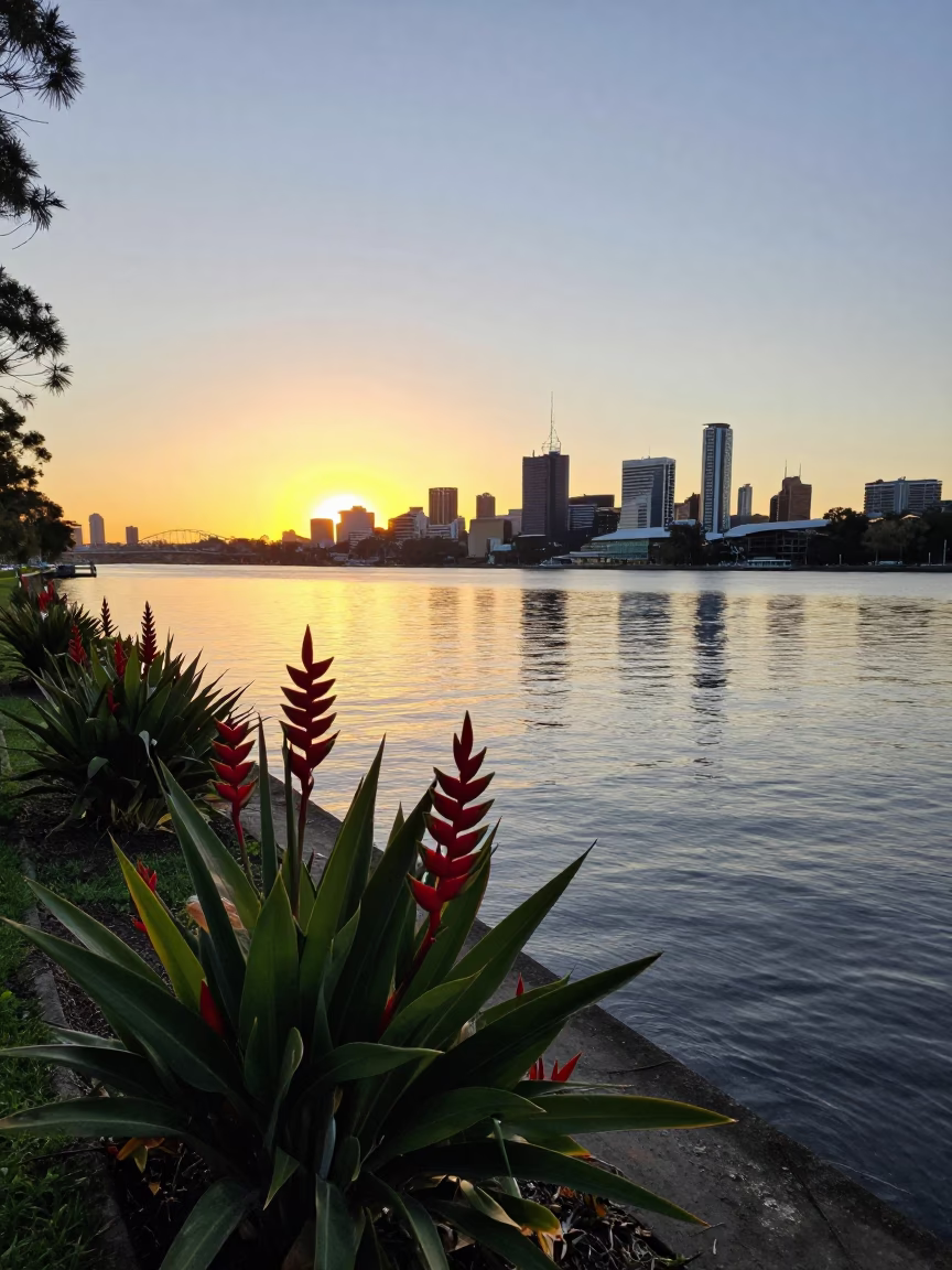 Golden hour light on Perth riverbank with red heliconia and distant bridge in in Perth, Western Australia, Australia