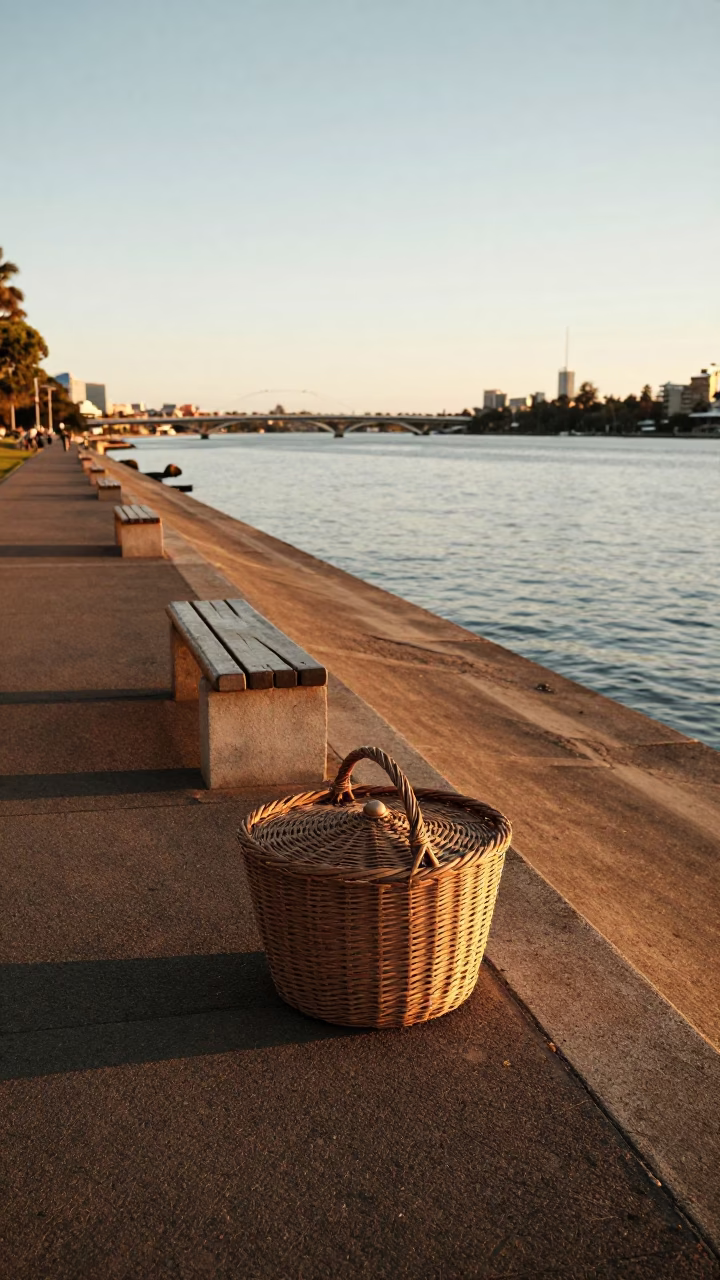 Golden Hour Light on Perth Riverfront with Traditional Woven Basket and Enamel Pitcher in in Perth, Western Australia, Australia