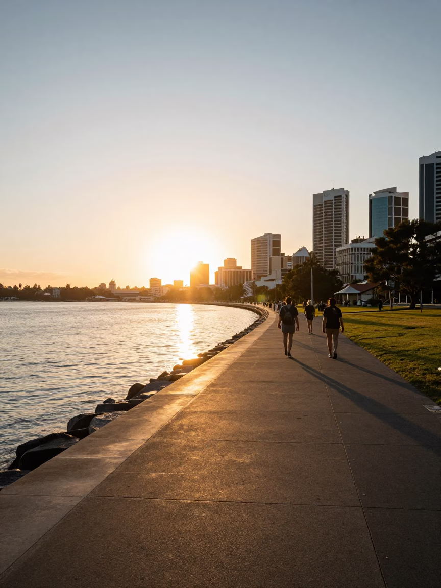 Golden Hour Light on Perth Waterfront Promenade with Pedestrians and City Skyline in in Perth, Western Australia, Australia
