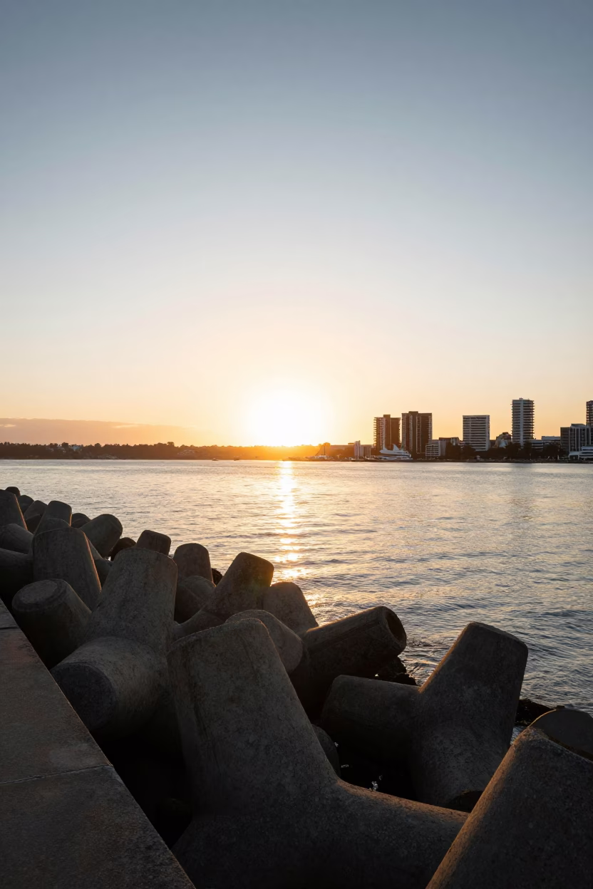 Golden Hour Light on Perth Waterfront with Tetrapod Breakwater and Harbor Reflections in in Perth, Western Australia, Australia