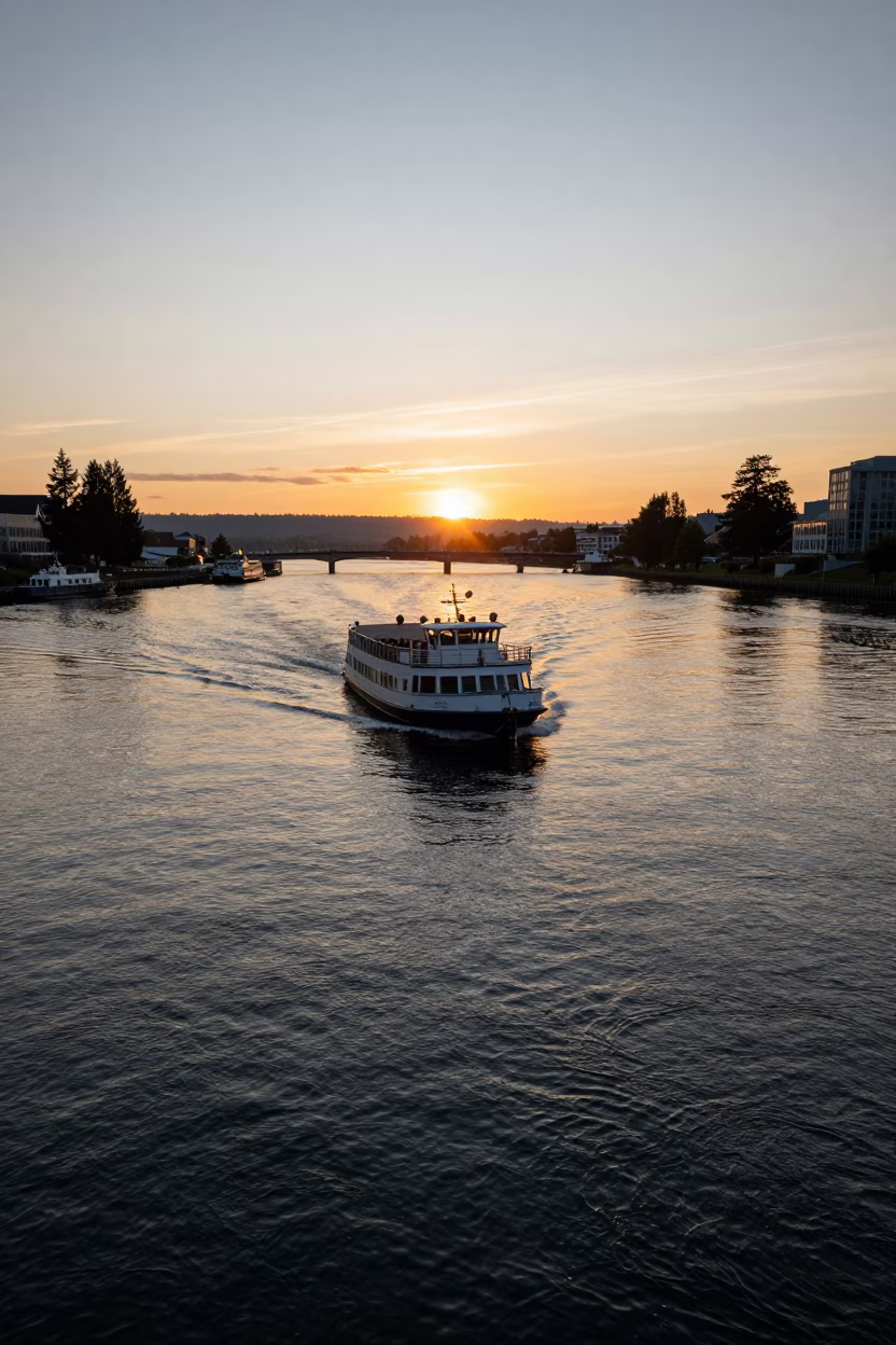 Golden Hour Light on Portland Oregon Water Taxi and Canal Houseboats in in Portland, Oregon, United States