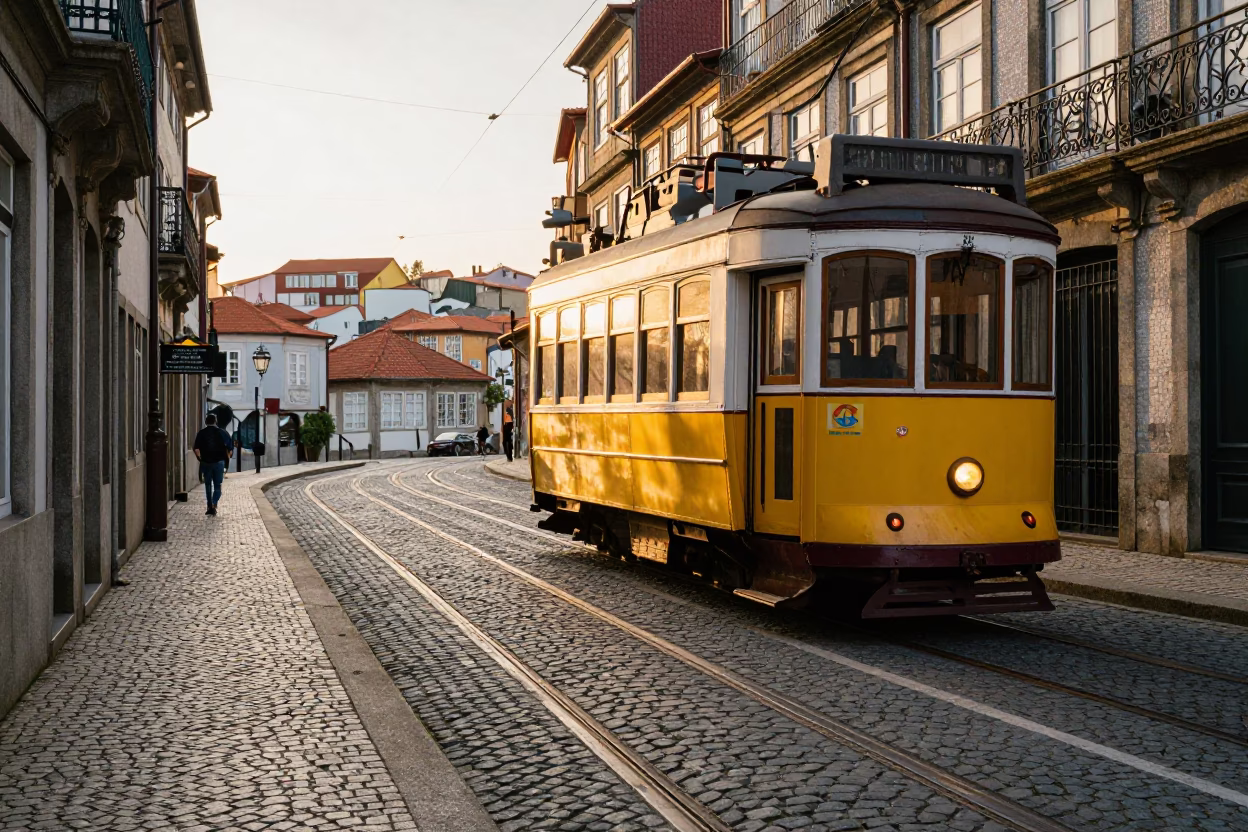 Golden Hour Light on Porto Cobblestones with Heritage Tram and Historic Architecture in in Porto, Portugal