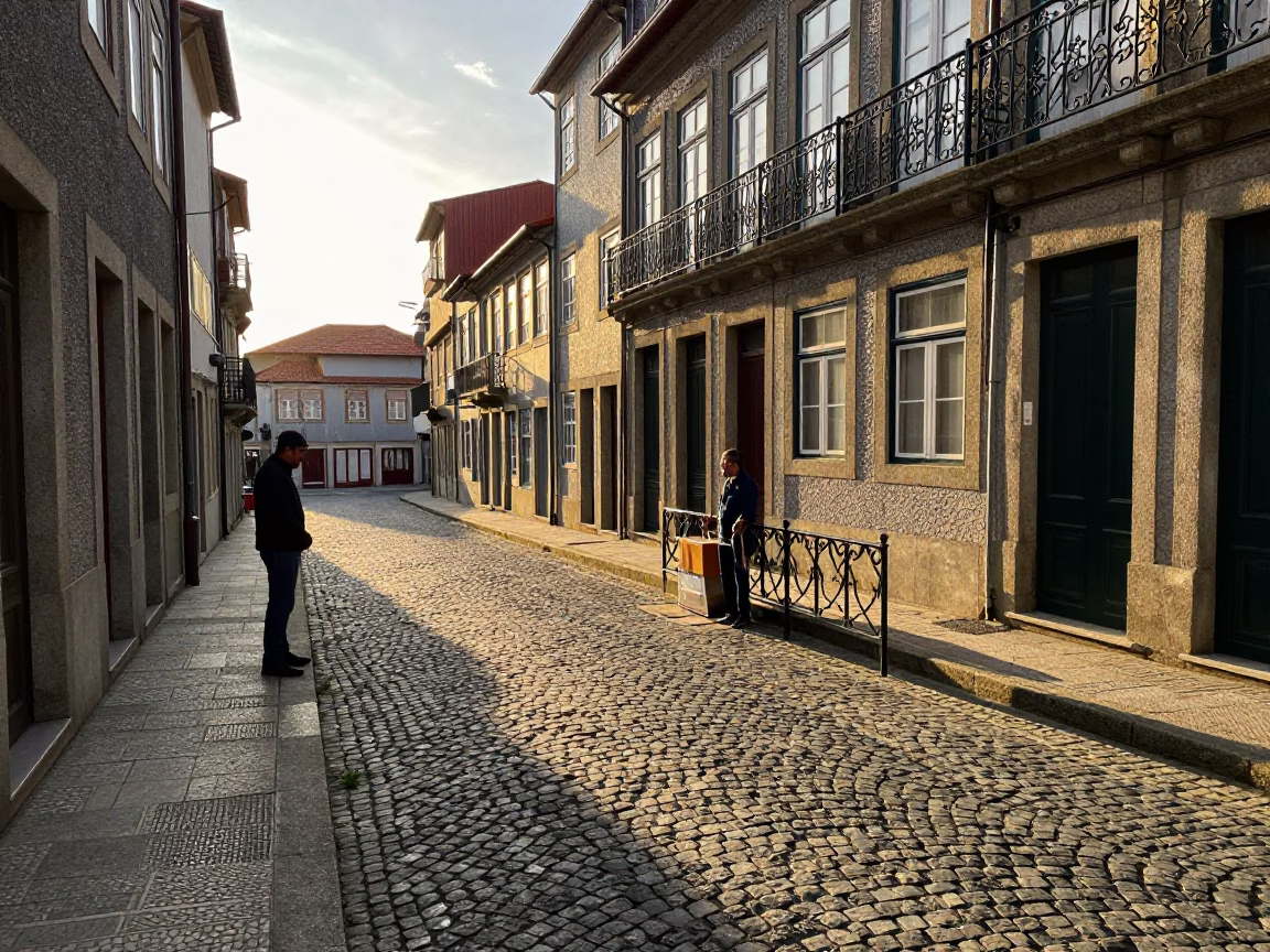 Golden Hour Light on Porto Portugal Cobblestone Street with Local Street Vendor in in Porto, Portugal