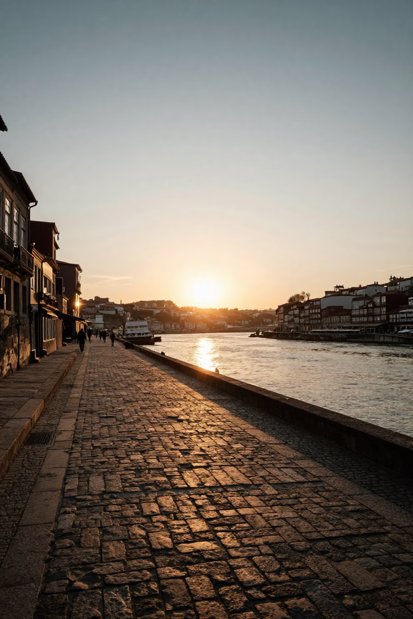 Golden Hour Light on Porto Ribeira Riverfront with String Lights and Historic Stone Architecture in in Porto, Portugal