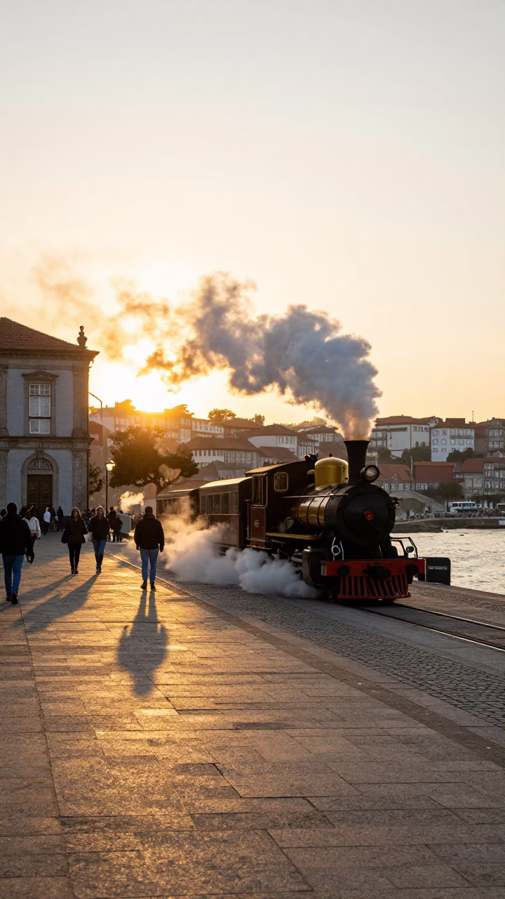 Golden Hour Light on Porto Riverfront with Steam Train and Local Life in in Porto, Portugal
