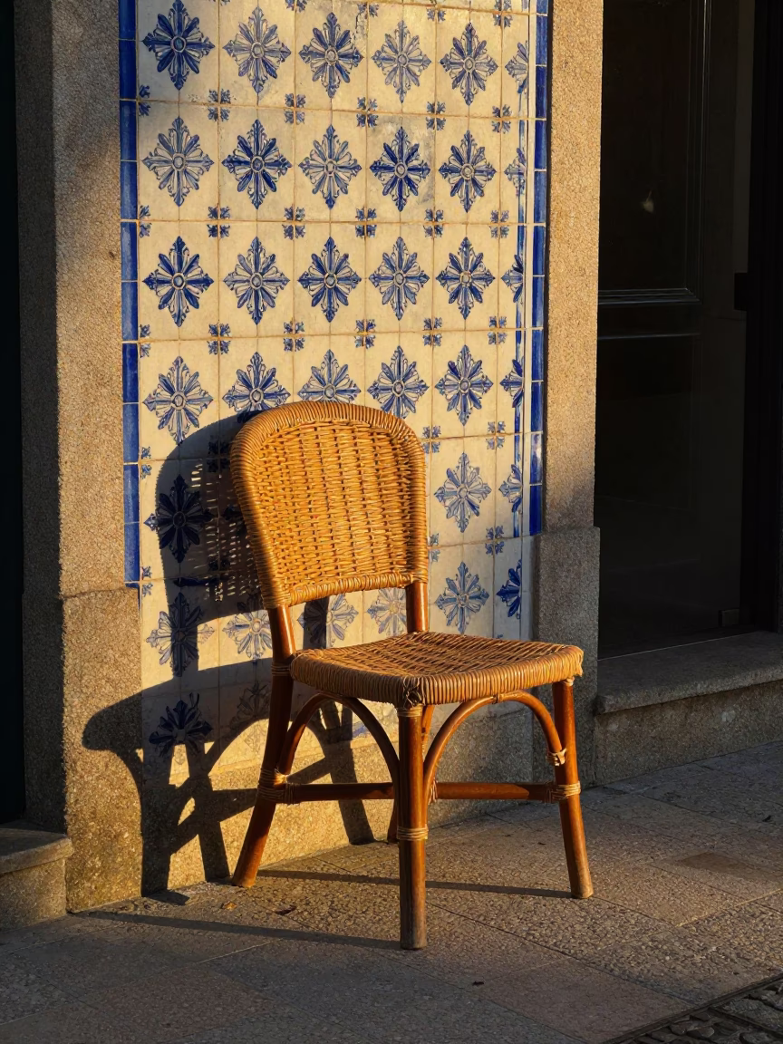 Golden Hour Light on Porto Tile and Rattan Chair in Portugal in in Porto, Portugal