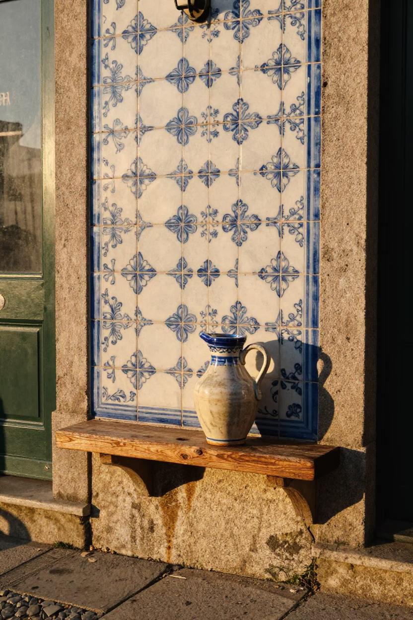 Golden Hour Light on Porto Tile Facade with Traditional Ceramic Pitcher and Street Scene in in Porto, Portugal