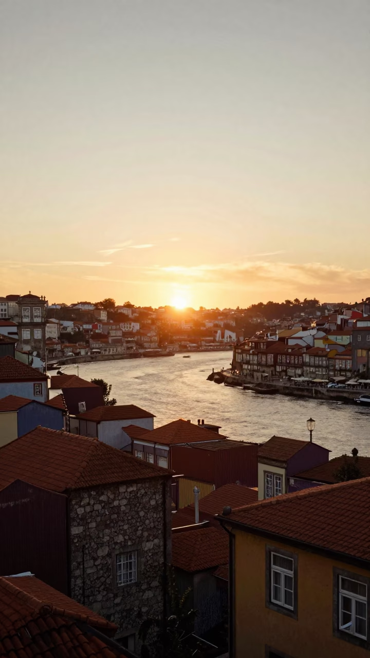 Golden Hour Light on Porto’s Historic Ribeira District Stone Buildings and Riverfront in in Porto, Portugal