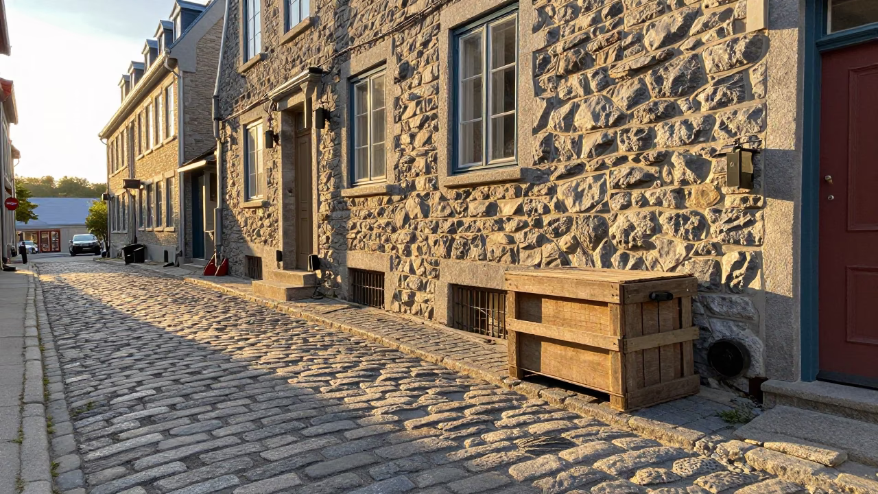 Golden Hour Light on Quebec City Cobblestones with Crate and Pulley in in Quebec City, Quebec, Canada