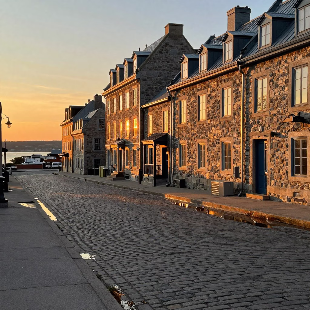 Golden Hour Light on Quebec City Old Port Stone Pavement with Substation Road Reflections in in Quebec City, Quebec, Canada