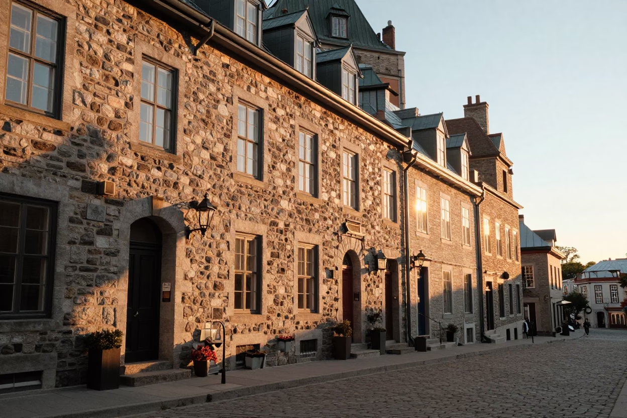 Golden Hour Light on Quebec City Stone Walls and Historic Architecture at Sunset in in Quebec City, Quebec, Canada