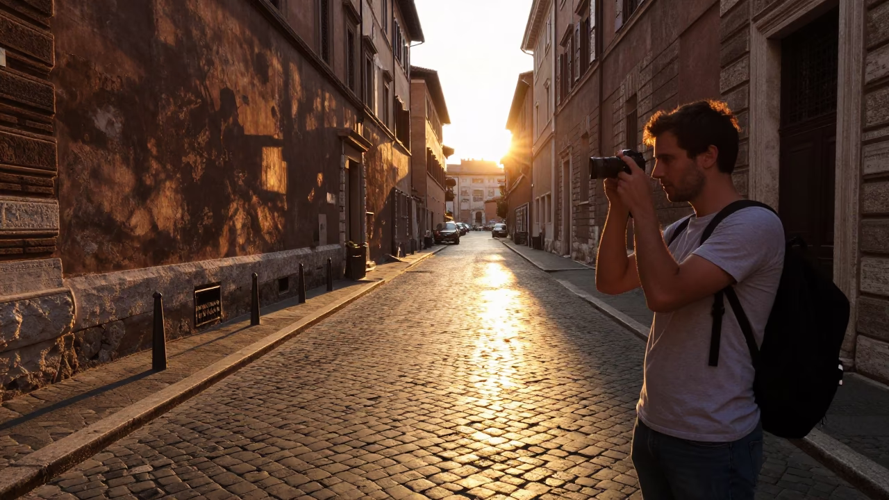 Golden Hour Light on Roman Cobblestones with Tourist Camera and Street Vendor in in Rome, Italy