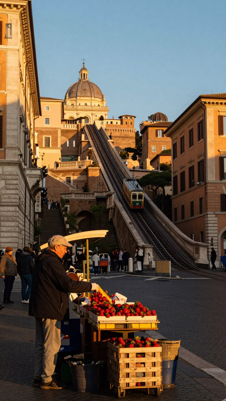 Golden Hour Light on Roman Street Corner with Strawberries and Funicular in Distance in in Rome, Italy