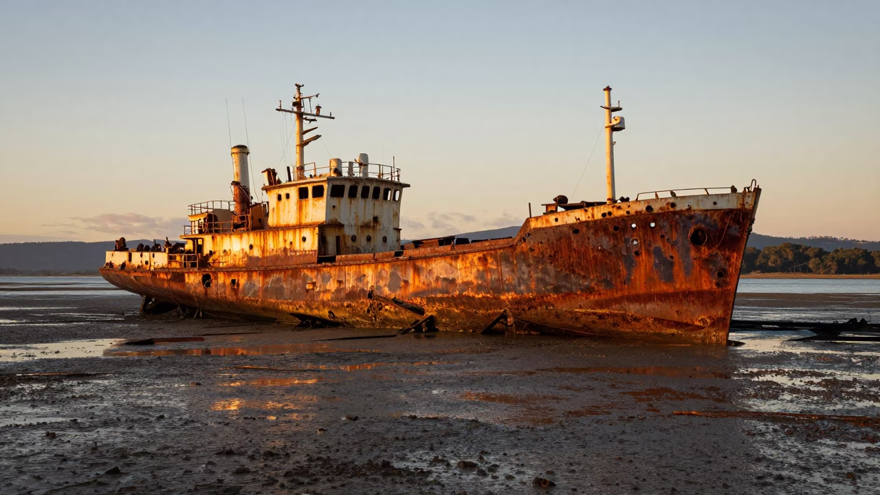 Golden Hour Light on Rusting Beached Ship at Hobart Tidal Flats Tasmania in in Hobart, Tasmania, Australia