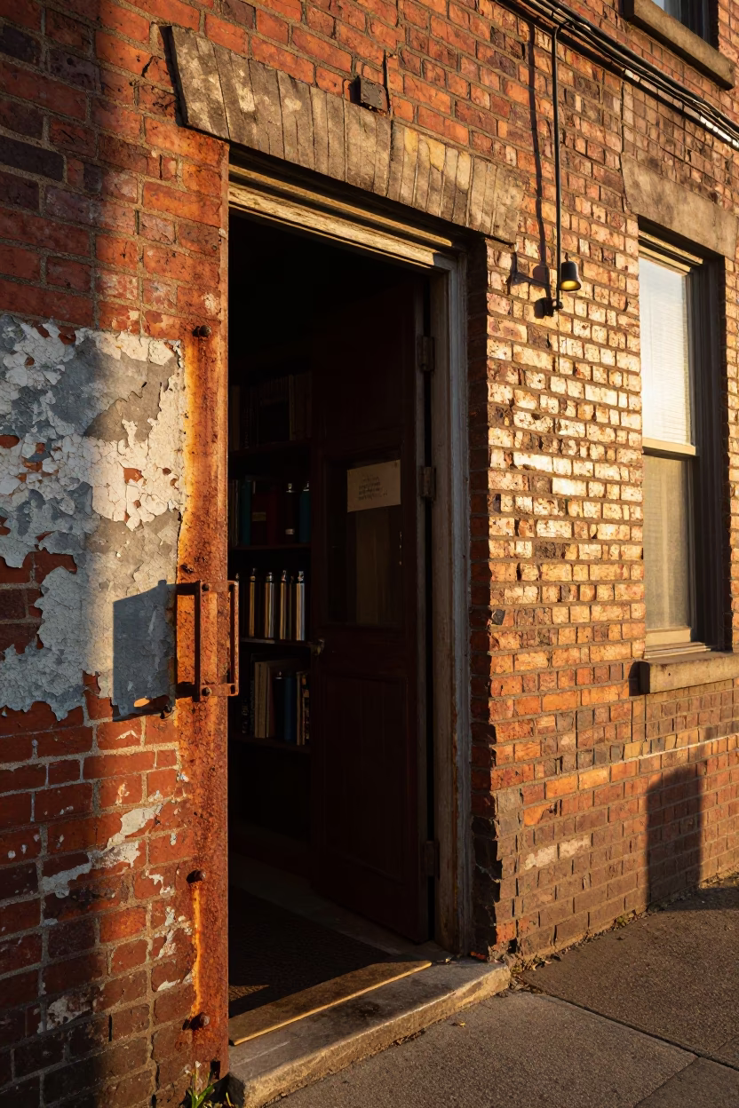 Golden Hour Light on Rusty Doorframe and Thermos Outside Nashville Tennessee Library in in Nashville, Tennessee, United States
