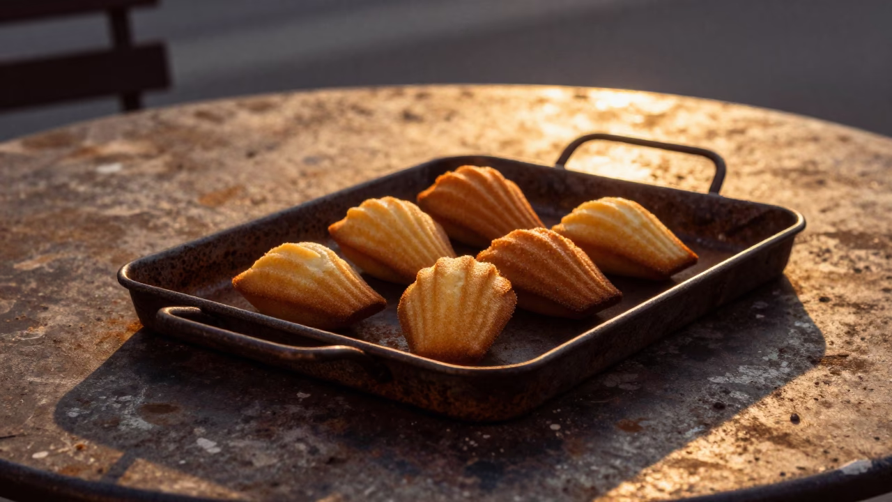 Golden Hour Light on Rusty Tray with Madeleines at Budapest Cafe Table in in Budapest, Hungary