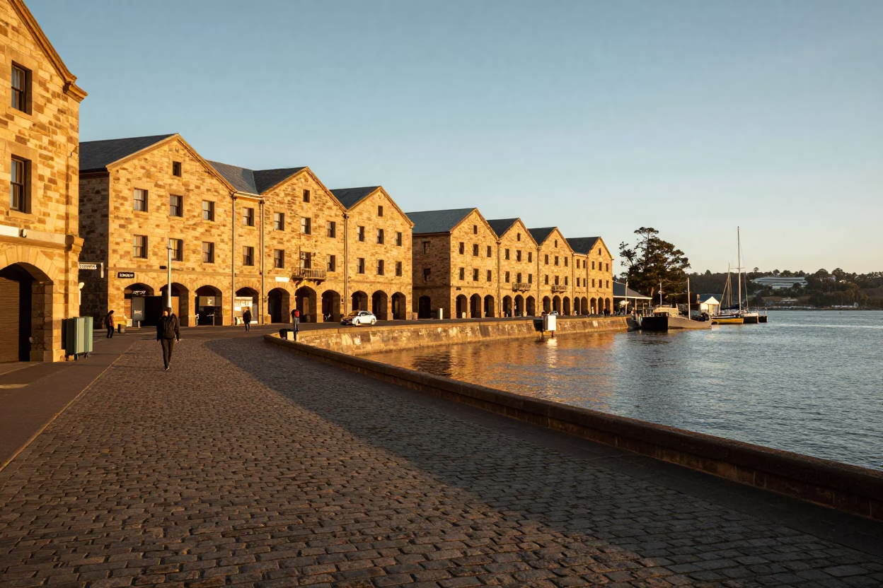 Golden Hour Light on Salamanca Place Hobart Tasmania Stone Wharf and Waterfront in in Hobart, Tasmania, Australia