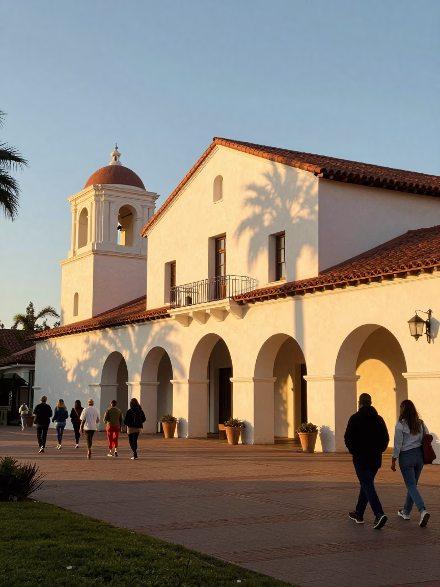 Golden Hour Light on San Diego Balboa Park Architecture and Visitors in in San Diego, California, United States
