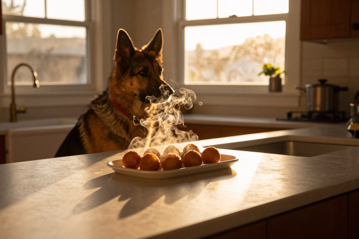 Golden hour light on San Francisco kitchen with Bohemian Shepherd and arancini in in San Francisco, California, United States