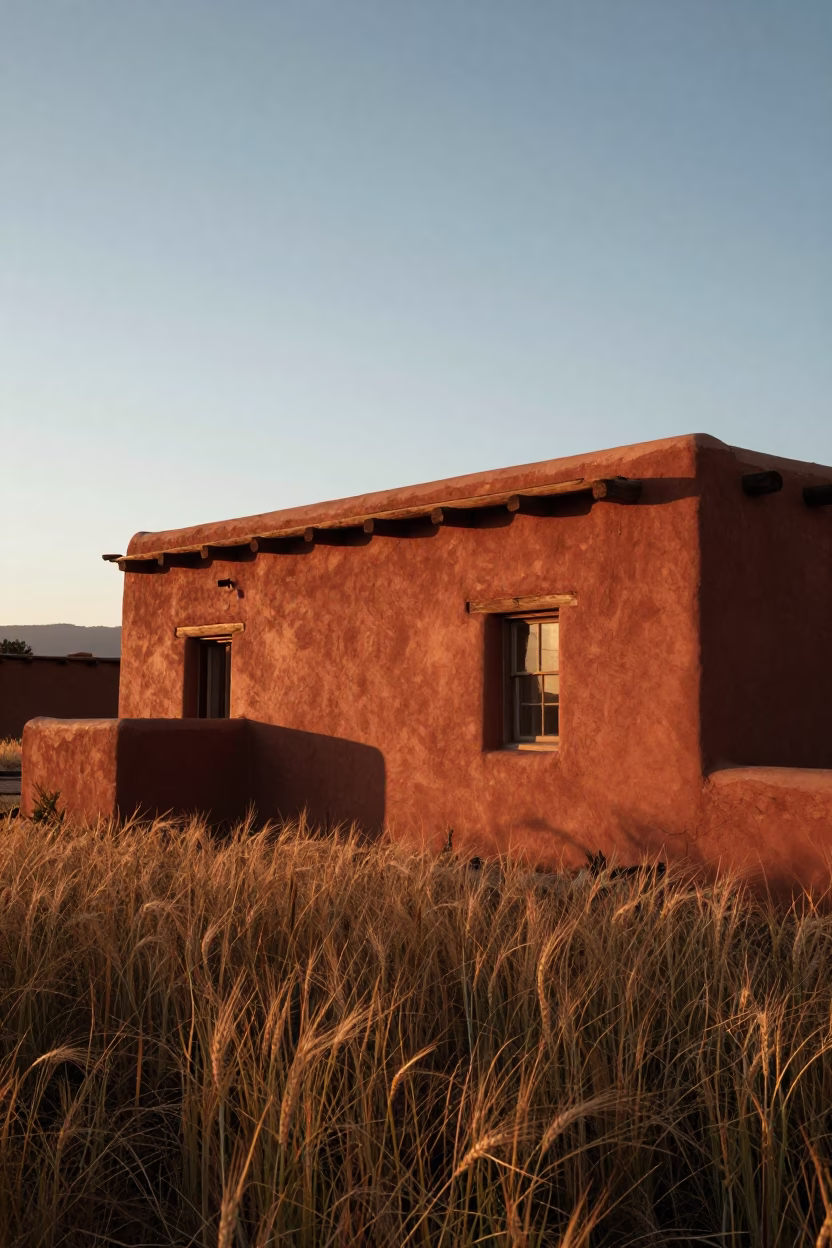 Golden Hour Light on Santa Fe Adobe Architecture and Rural Wheat Fields in in Santa Fe, New Mexico, United States