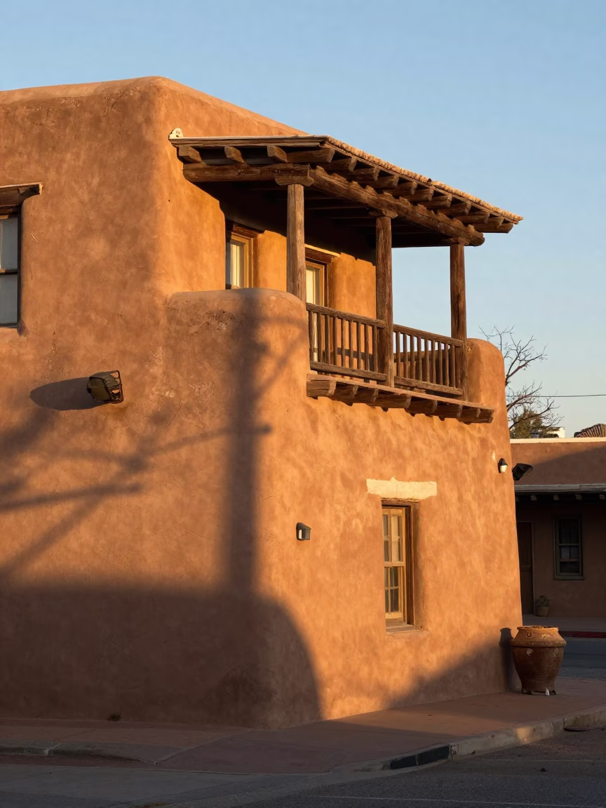 Golden Hour Light on Santa Fe Adobe Walls with Local Street Scene in in Santa Fe, New Mexico, United States