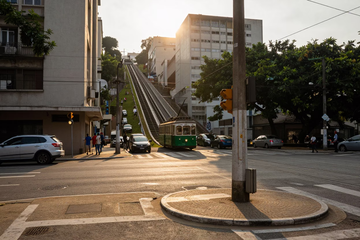 Golden Hour Light on São Paulo Street Corner with Funicular and Figs in in São Paulo, Brazil