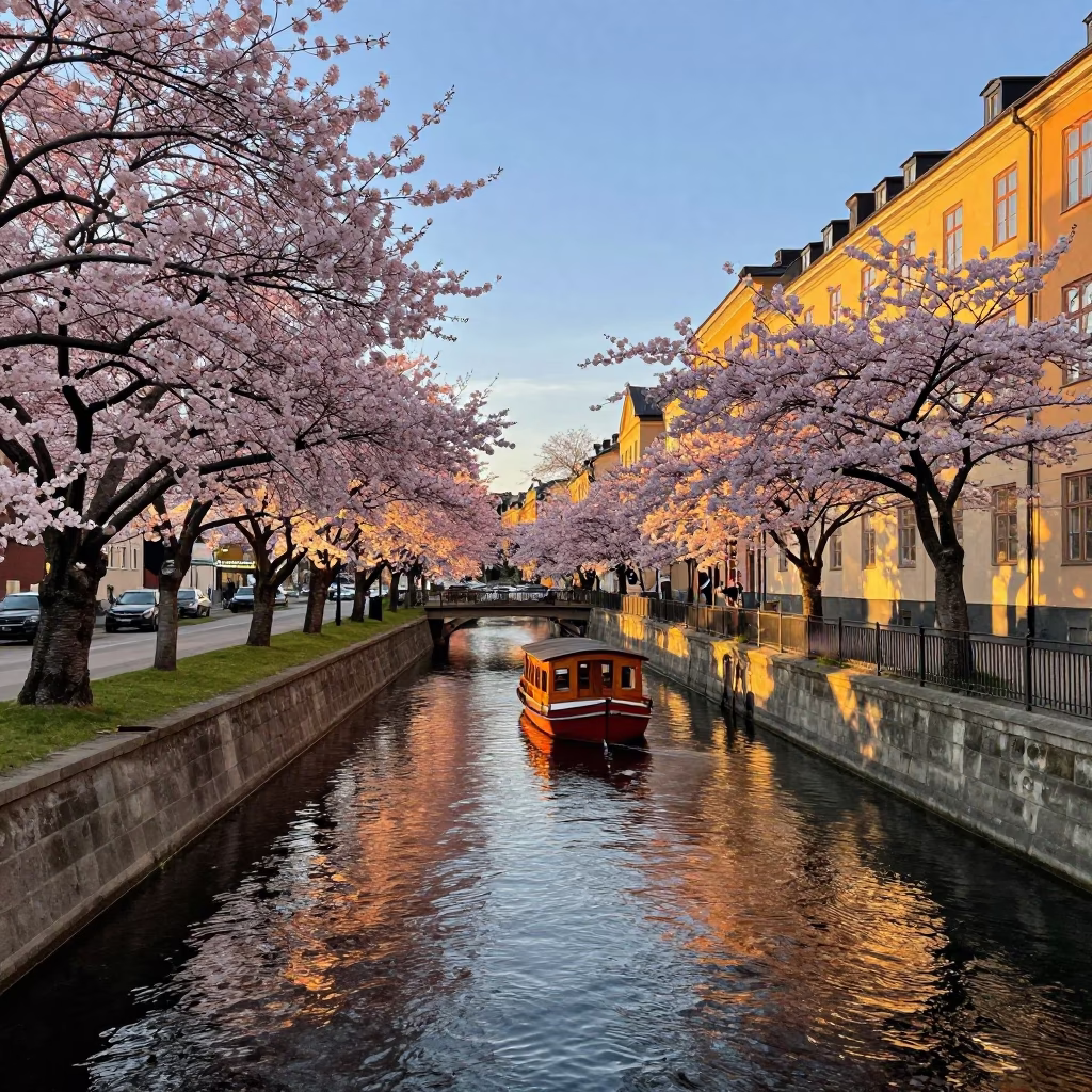 Golden Hour Light on Stockholm Canal with Cherry Trees and Traditional Wooden Boat in in Stockholm, Sweden