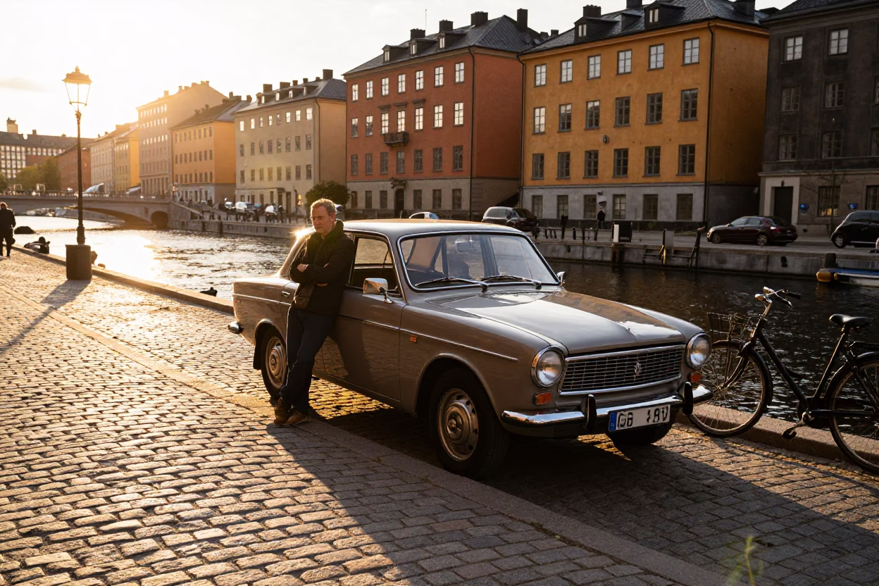 Golden hour light on Stockholm canal with vintage car and bicycle in in Stockholm, Sweden