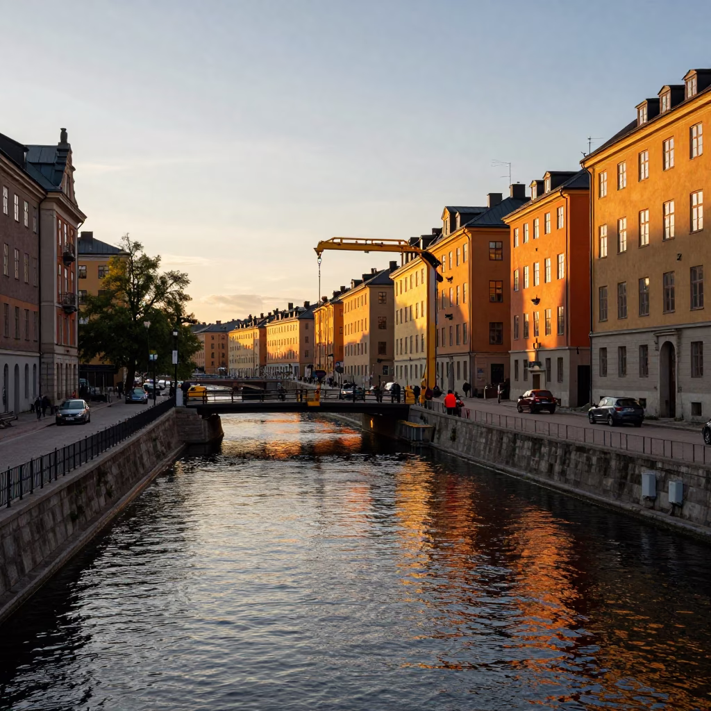 Golden Hour Light on Stockholm Canals with Bridge Maintenance and Historic Architecture in in Stockholm, Sweden