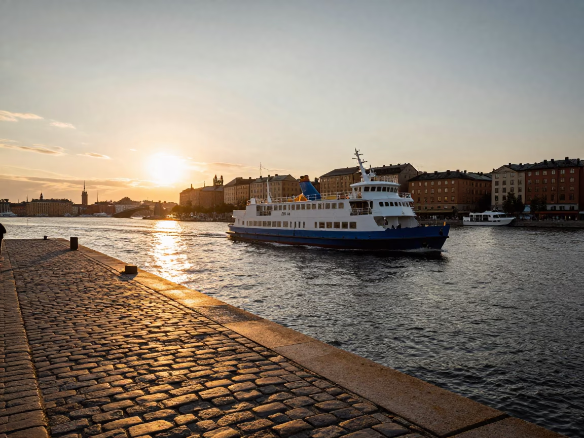 Golden Hour Light on Stockholm Waterfront Ferry Crossing and Historic Architecture in in Stockholm, Sweden