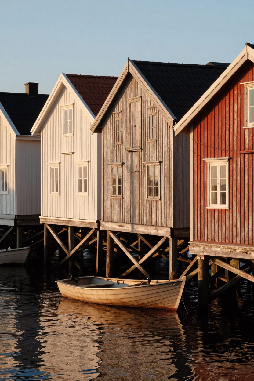 Golden Hour Light on Stockholm Wooden Boathouses and Wooden Dock Details in in Stockholm, Sweden