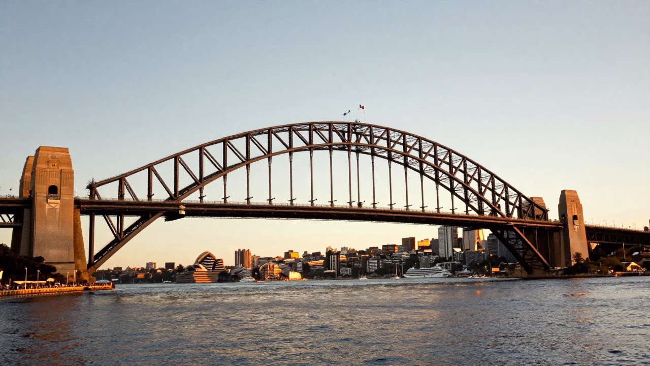 Golden Hour Light on Sydney Harbour Bridge and Circular Quay Waterfront in in Sydney, New South Wales, Australia
