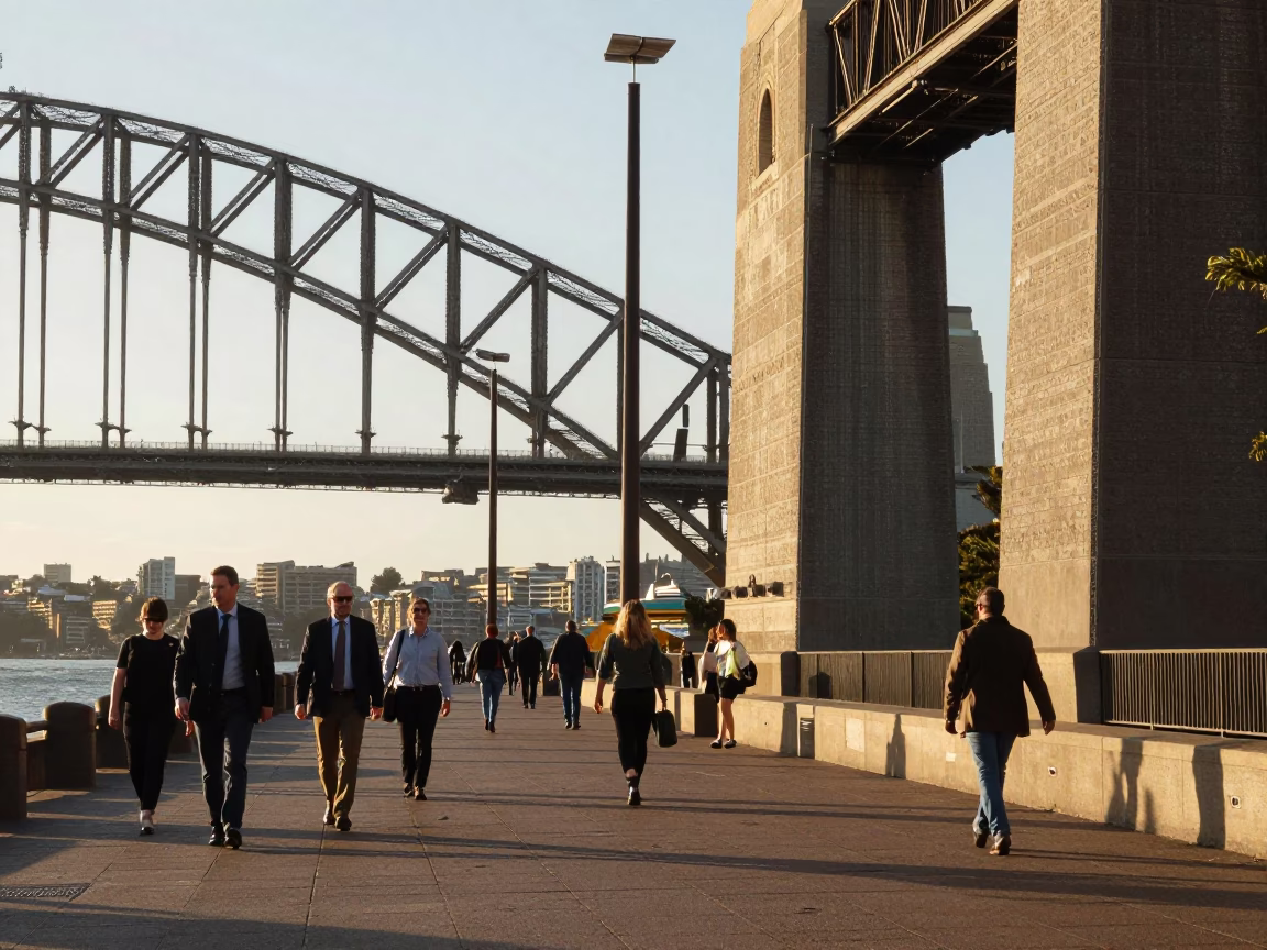 Golden Hour Light on Sydney Harbour Bridge and Urban Street Life in in Sydney, New South Wales, Australia