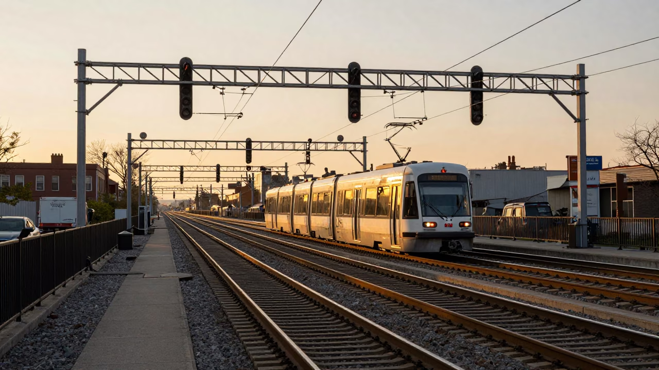 Golden Hour Light on Toronto Streetcars and Signal Gantry Above Rail Lines in in Toronto, Ontario, Canada